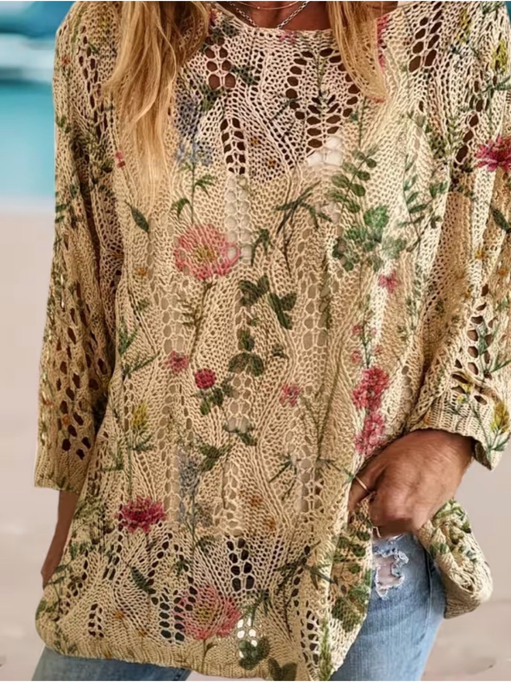Boho Floral Crochet Knit Oversized Sweater - Cream - Picture 3 of 5